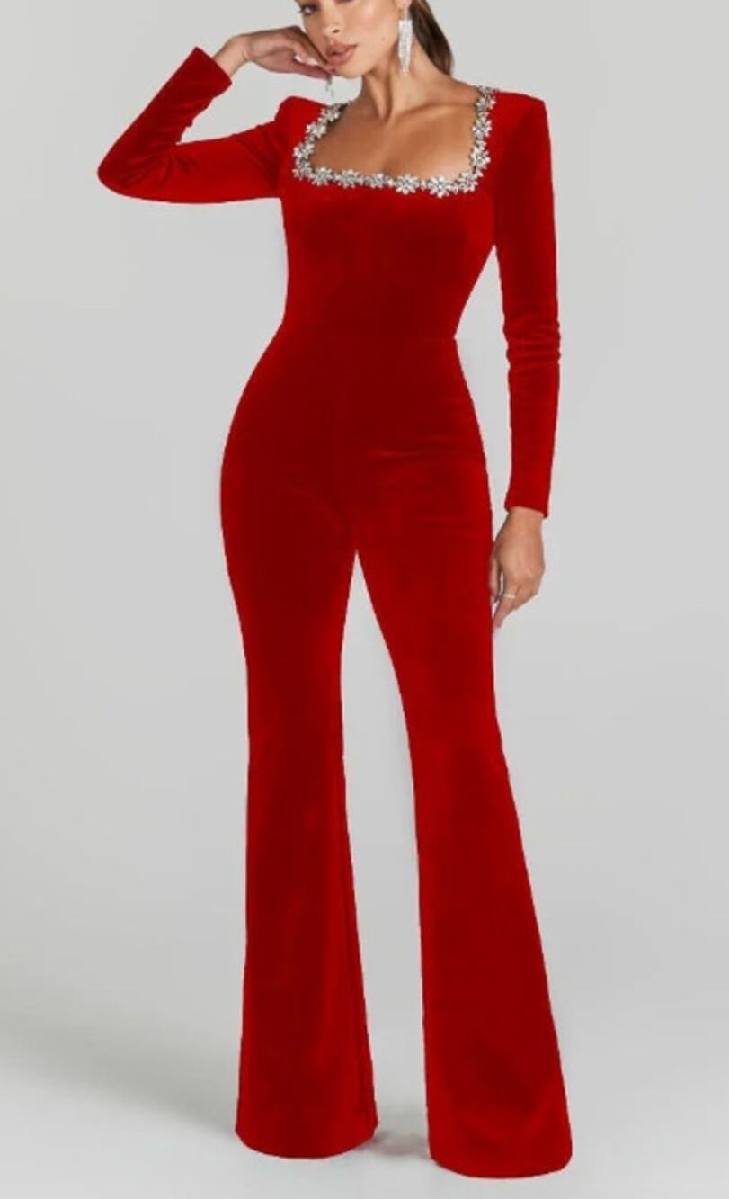 New in box red velvet Nadein Marabi Kimberly square neck jumspuit